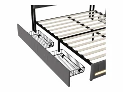 Cama de matrimonio tapizada con somier de láminas y 4 cajones, 140x190 cm, con LED y USB, color lino y . Gris Sale