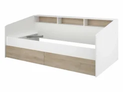 Vente-unique Cama Infantil|Cama de 90x200 cm con cajones y estantes, acabado blanco y natural + Somier de láminas - PAULETTE