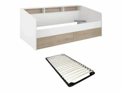 Vente-unique Cama Infantil|Cama de 90x200 cm con cajones y estantes, acabado blanco y natural + Somier de láminas - PAULETTE