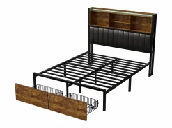 Cama Con Almacenaje|Cama Infantil|Cama doble 140 x 200 cm con 2 cajones - Iluminación LED y puerto USB - Cabecero con espacio de almacenaje -