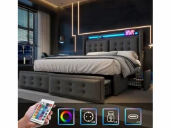 Merax Cama Con Canapé|Cama Con Almacenaje|Cama doble canapé tapizada - 140 x 200 cm - Colchón + Leds + 4 cajones + Cabecero con USB - Tejido de algodón -