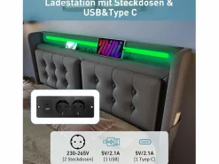 Merax Cama Con Canapé|Cama Con Almacenaje|Cama doble canapé tapizada - 140 x 200 cm - Colchón + Leds + 4 cajones + Cabecero con USB - Tejido de algodón -