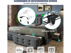 Merax Cama Con Canapé|Cama Con Almacenaje|Cama doble canapé tapizada - 140 x 200 cm - Colchón + Leds + 4 cajones + Cabecero con USB - Tejido de algodón -