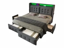 Merax Cama Con Canapé|Cama Con Almacenaje|Cama doble canapé tapizada - 140 x 200 cm - Colchón + Leds + 4 cajones + Cabecero con USB - Tejido de algodón -