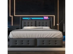 Merax Cama Con Canapé|Cama Con Almacenaje|Cama doble canapé tapizada - 140 x 200 cm - Colchón + Leds + 4 cajones + Cabecero con USB - Tejido de algodón -