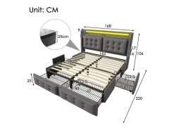 Merax Cama Con Canapé|Cama Adulto|Cama doble canapé tapizada - 160 x 200 cm - Colchón + Leds + 4 cajones + Cabecero con USB - Tejido de algodón -