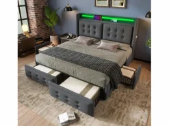 Merax Cama Con Canapé|Cama Adulto|Cama doble canapé tapizada - 160 x 200 cm - Colchón + Leds + 4 cajones + Cabecero con USB - Tejido de algodón -