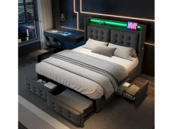 Merax Cama Con Canapé|Cama Adulto|Cama doble canapé tapizada - 160 x 200 cm - Colchón + Leds + 4 cajones + Cabecero con USB - Tejido de algodón -