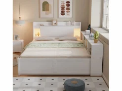 Merax Cama doble con canapé - 140 x 200 cm - cabecero con canapé + 2 luces - armarios laterales + cajón - aglomerado + MDF - Blanco