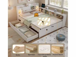 Merax Cama doble con canapé - 140 x 200 cm - cabecero con canapé + 2 luces - armarios laterales + cajón - aglomerado + MDF - Blanco