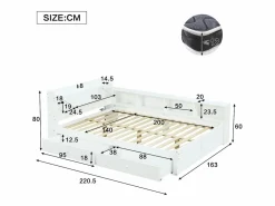 Merax Cama doble con canapé - 140 x 200 cm - cabecero con canapé + 2 luces - armarios laterales + cajón - aglomerado + MDF - Blanco
