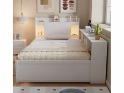 Merax Cama doble con canapé - 90 x 200 cm - cabecero con canapé + 2 luces - Armarios laterales + cajón - aglomerado + MDF - Blanco