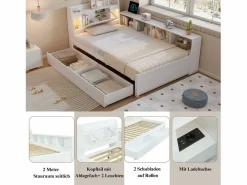 Merax Cama doble con canapé - 90 x 200 cm - cabecero con canapé + 2 luces - Armarios laterales + cajón - aglomerado + MDF - Blanco