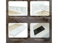 Merax Cama doble con canapé - 90 x 200 cm - cabecero con canapé + 2 luces - Armarios laterales + cajón - aglomerado + MDF - Blanco