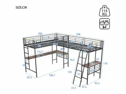 Merax Cama Alta|Cama doble entreplanta - 2 x 90 x 200 cm - con escritorio de esquina y escalera - metal -