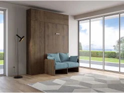 ITAMOBY Cama Abatible|Cama doble plegable francesa Kentaro de 140 cm con sofá y muebles de nogal, azul claro