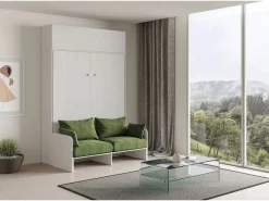 ITAMOBY Cama doble plegable Kentaro de 160 cm con sofá y mueble alto de fresno , color verde Blanco Best