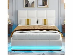 Cama doble tapizada 140x190 cm con iluminación LED, somier de láminas y almacenaje, PU, color blanco^ Hot