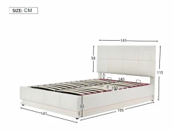Cama doble tapizada 140x190 cm con iluminación LED, somier de láminas y almacenaje, PU, color blanco^ Hot
