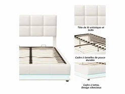 Cama doble tapizada 140x190 cm con iluminación LED, somier de láminas y almacenaje, PU, color blanco^ Hot
