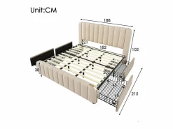 DripeX Cama doble tapizada 180x200cm en lino , con 4 cajones + USB y Tipo C, carga máx. 226 kg (sin colchón) Beige Hot