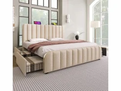 DripeX Cama doble tapizada 180x200cm en lino , con 4 cajones + USB y Tipo C, carga máx. 226 kg (sin colchón) Beige Hot