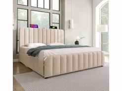 DripeX Cama doble tapizada 180x200cm en lino , con 4 cajones + USB y Tipo C, carga máx. 226 kg (sin colchón) Beige Hot