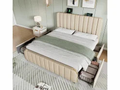 DripeX Cama doble tapizada 180x200cm en lino , con 4 cajones + USB y Tipo C, carga máx. 226 kg (sin colchón) Beige Hot