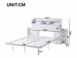 Cama doble 140x190 cm diseño moderno con almacenaje y luz led hierro dormitorio (Sin colchón) Blanco Outlet