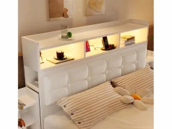Cama doble 140x190 cm diseño moderno con almacenaje y luz led hierro dormitorio (Sin colchón) Blanco Outlet
