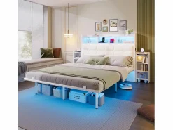 Cama doble 140x190 cm diseño moderno con almacenaje y luz led hierro dormitorio (Sin colchón) Blanco Outlet