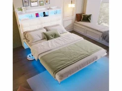 Cama doble 140x190 cm diseño moderno con almacenaje y luz led hierro dormitorio (Sin colchón) Blanco Outlet