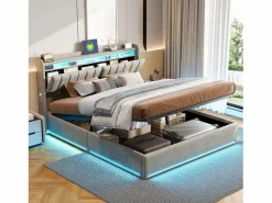 Cama Terciopelo|Cama Con Canapé|Cama doble 160x200cm con iluminación LED y almacenaje hidráulico - cabecero con puertos USB y compartimentos de almacenaje - terciopelo -