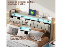 Cama Terciopelo|Cama Con Canapé|Cama doble 160x200cm con iluminación LED y almacenaje hidráulico - cabecero con puertos USB y compartimentos de almacenaje - terciopelo -