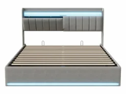 Cama Terciopelo|Cama Con Canapé|Cama doble 160x200cm con iluminación LED y almacenaje hidráulico - cabecero con puertos USB y compartimentos de almacenaje - terciopelo -