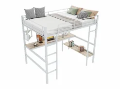 ModernLuxe Cama Alta|Cama entrepiso de hierro - 90x200 cm - con escritorio y 5 estantes -