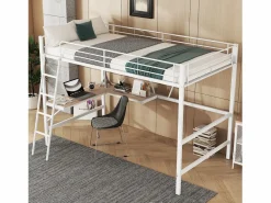 ModernLuxe Cama entrepiso de hierro - 90x200 cm - con escritorio esquinero y estante - Blanco Best
