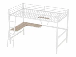 ModernLuxe Cama entrepiso de hierro - 90x200 cm - con escritorio esquinero y estante - Blanco Best