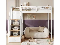 ModernLuxe Cama Alta|Cama entrepiso de madera - 90x200 cm - con escritorio, estantes y escalera de almacenamiento -
