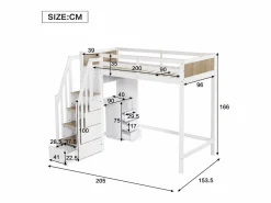 ModernLuxe Cama Alta|Cama entrepiso de madera - 90x200 cm - con escritorio, estantes y escalera de almacenamiento -