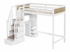 ModernLuxe Cama Alta|Cama entrepiso de madera - 90x200 cm - con escritorio, estantes y escalera de almacenamiento -