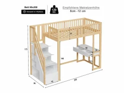 ModernLuxe Cama entrepiso de madera 90x200 cm - con mesa y escalera de almacenamiento - Natural y Blanco Color natural claro / Blanco Online
