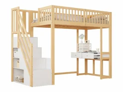 ModernLuxe Cama entrepiso de madera 90x200 cm - con mesa y escalera de almacenamiento - Natural y Blanco Color natural claro / Blanco Online