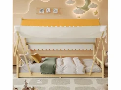 Cama individual 90 x 200 cm - Cama infantil con barrera y tienda de campaña - diseño de cabaña de madera - colchón no incluido^ Online
