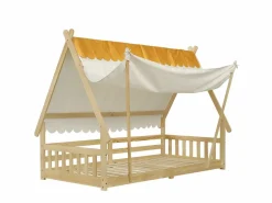 Cama individual 90 x 200 cm - Cama infantil con barrera y tienda de campaña - diseño de cabaña de madera - colchón no incluido^ Online
