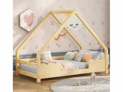 Merax Cama Montessori|Cama infantil - 90 x 200 cm - con protección anticaídas - madera maciza - natural