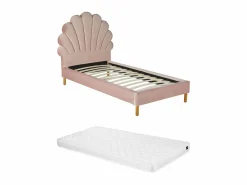 Vente-unique Cama Terciopelo|Cama infantil 90 x 190 cm cabecero terciopelo con forma de concha rosa con colchón MOANA