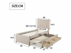 Hauss Spole Cama infantil acolchada 90x200 cm con cama nido 90x190 cm con cajones de almacenamiento, en lino, sin colchón, Beige Hot