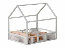Cama infantil blanca de 140 x 200 cm con puerta de seguridad y láminas de somier, sin colchón^OKWISH Best