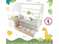 Cama infantil cabina - 90 x 200 cm - con 1 cajón + mesita de noche extraíble - cama de suelo - Pino + MDF - natural + blanco^Merax Hot